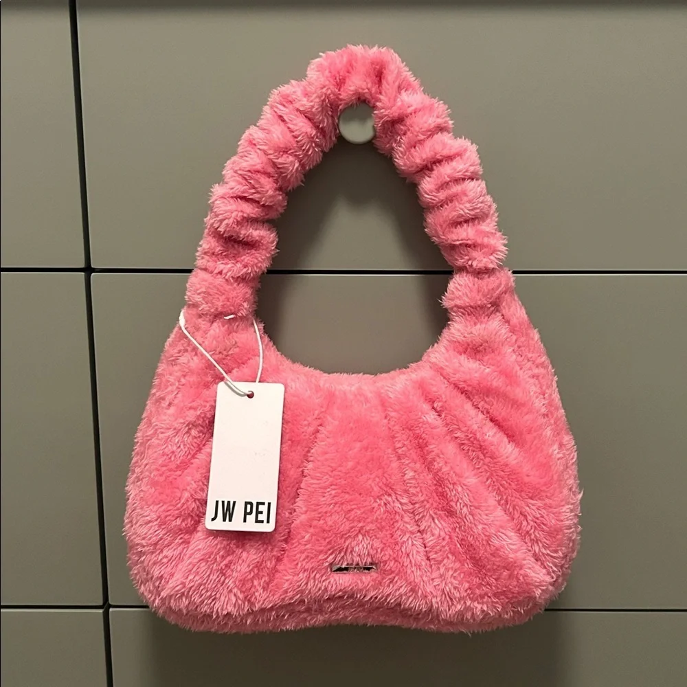 JW PEI Gabbi Terry Ruched Pink Faux Fur Fuzzy Hobo Handbag Revolve